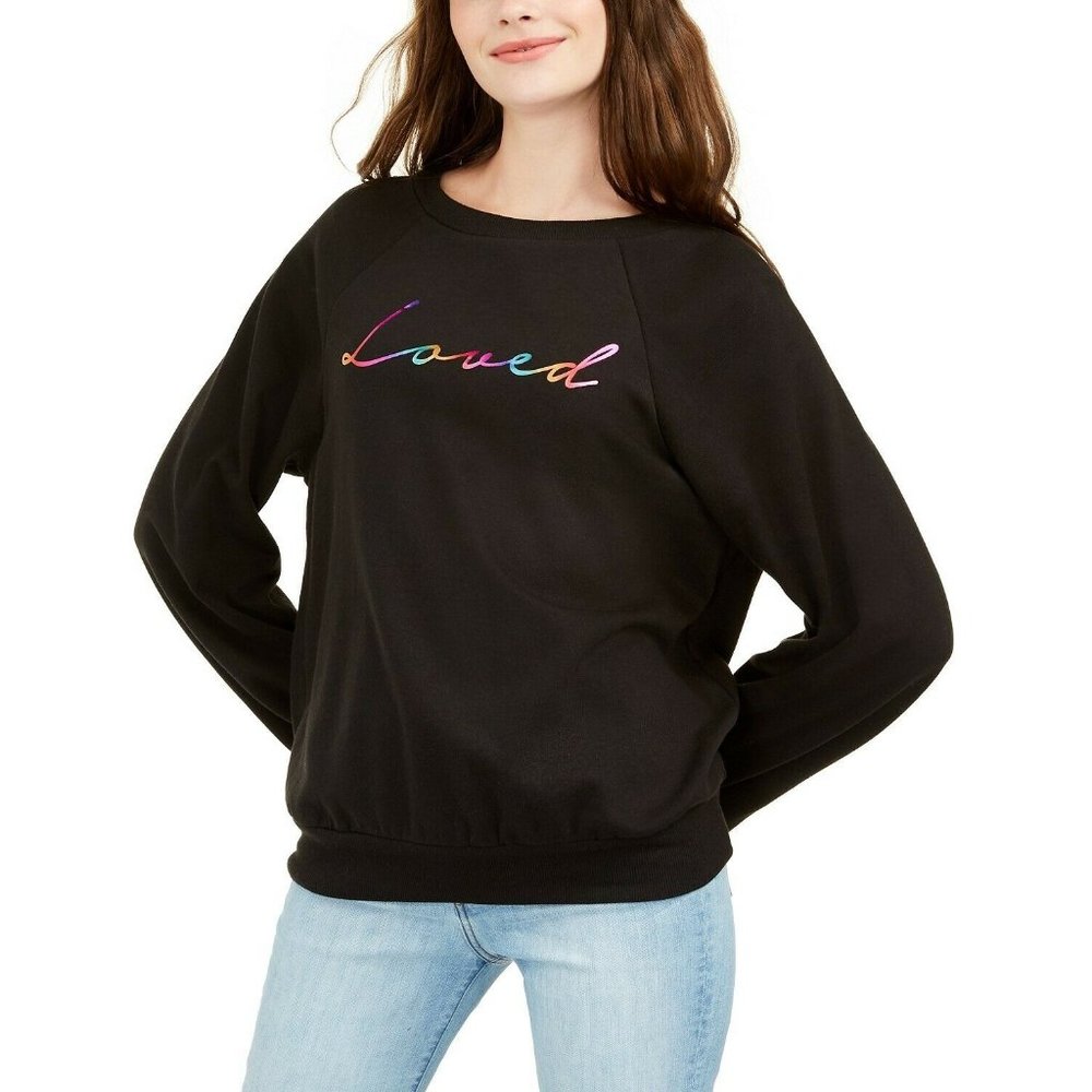 REBELLIOUS ONE Juniors' Loved Metallic Graphic Sweatshirt Black Size M MSRP $34